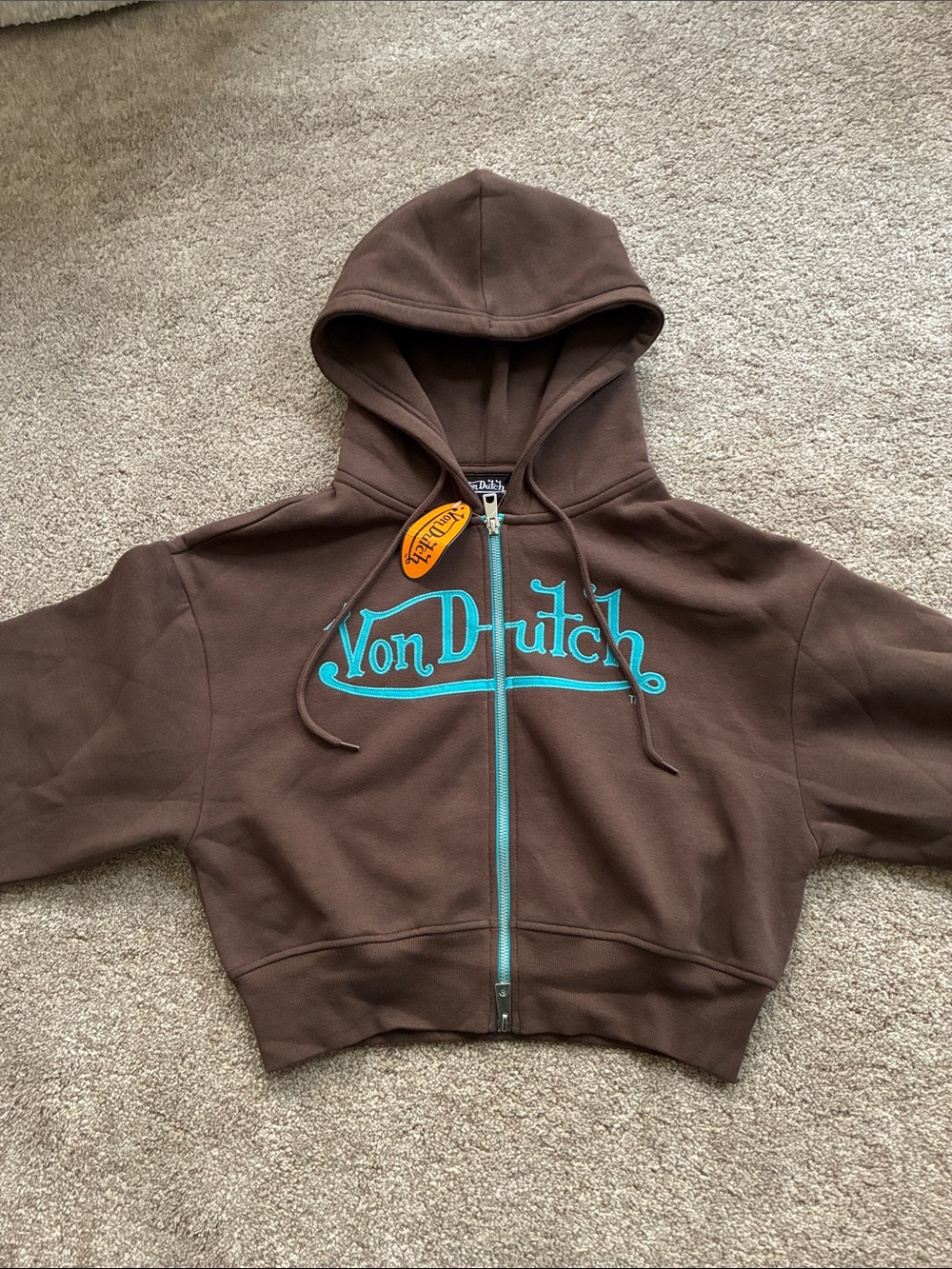 Von Dutch Brown Hoodie with Teal Logo and Zip - Picture 2 of 10